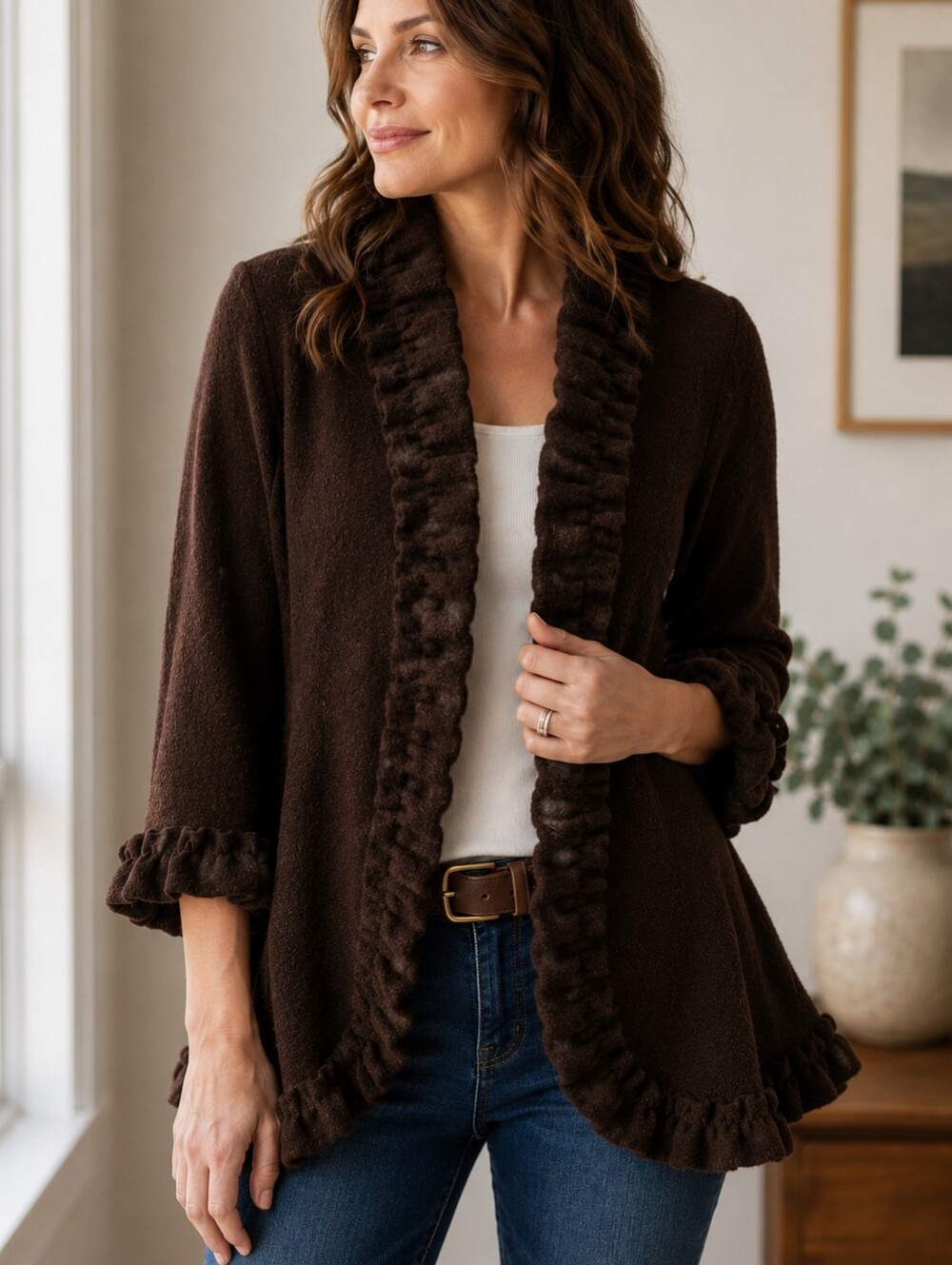 SUSAN BRISTOL BOILED WOOL RUFFLED CARDIGAN COAT